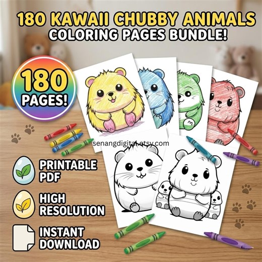 Cute Squishy Animals Coloring 180 Pages for Kids | Kawaii Chubby Animal Bundle | Instant Download | Printable PDF | Simple & Bold - Etsy