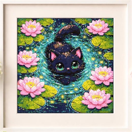 Mini Black Cat Cross Stitch Pattern • Kawaii Kitten Lily Pond Embroidery (PDF) - Etsy
