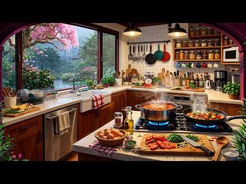 Cozy Spring Thunderstorm Kitchen 🌸🌩️ Rain & Cooking Ambience for Relaxing (8 Hours)