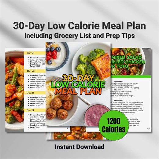Printable 30-day Low Calorie Meal Plan & Grocery List, Easy Healthy Weight Loss Recipes - Etsy