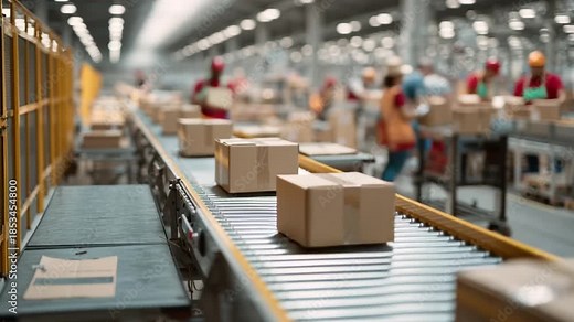 Boxes on the Assembly Line: Cardboard boxes smoothly traverse an automated conveyor belt in a bustling industrial warehouse, signifying the efficiency of modern distribution and logistical processes.