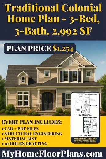 Traditional Colonial Home Plan - 3 Bed, 3 Bath, 2,992 SF