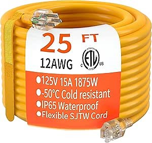 HUANCHAIN 25 ft 12/3 Gauge Heavy Duty Outdoor Extension Cord Waterproof with Lighted, Flexible Cold Weather 3 Prong Electric Cord Outside, 15A 1875W 125V 12AWG SJTW, Yellow, ETL Listed