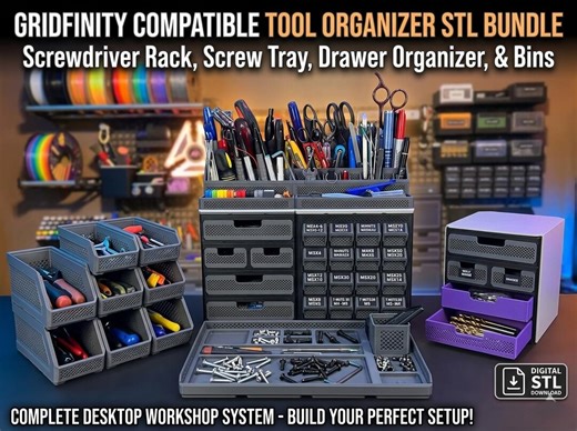 Gridfinity Compatible Tool Organizer STL, 3D Print Screwdriver Rack and Screw Tray, Desktop Drawer Organizer, Digital Download - Etsy