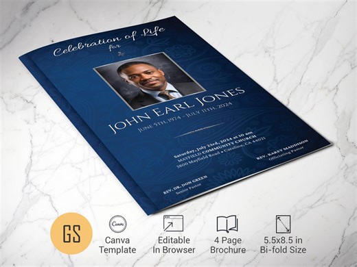 Blue & Silver Funeral Program Template | Canva, 4 Page Bifold Memorial Obituary (5.5x8.5) Digital Download - Etsy