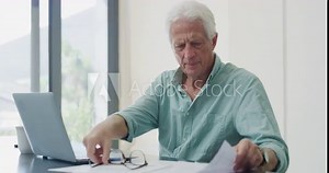 Elderly man, finance document and insurance paperwork for budget and retirement plan. Senior male person, desk and legal report reading and thinking with laptop and debt bills planning with glasses