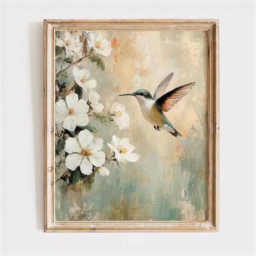 Hummingbird Printable Art, Cottagecore Botanical Decor, Vintage Neutral Wall Art, Impressionistic Painting, Digital Download, Index 740 - Etsy