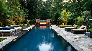 Backyard pool decor with comfortable seating, sleek water features, and vibrant poolside lighting