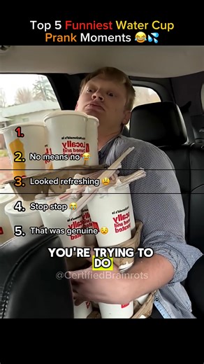 17K views · 150 reactions | Top 5 Funniest Water Cup Prank Moments (The Panic While Holding Water!)  Who knew holding a simple cup of water could cause so much panic? 藍 Watch as drivers and passengers struggle, shake, and laugh their way throug | Certified Brainrot | Facebook