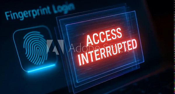 Access interrupted message on digital screen with fingerprint login icon showing biometric authentication failure, security denial alert, and restricted entry in technology interface