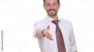 happy confident and executive businessman smiling, coming to camera and giving hand to have handshaking. Prosperous man of middle age working as director or head of company, enterprise or firm.