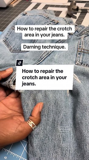 How to repair the hole in the crotch area of your jeans. #holerepair #denimjeans #tommyjeans #beginnersewing #sewingtutorial #sewingforyoupage #sewingtiktok
