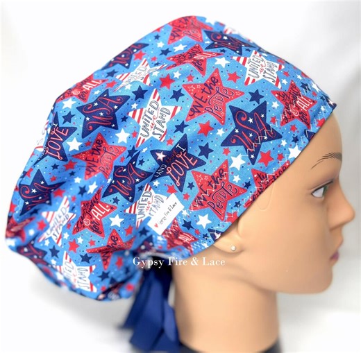 Euro Style |patriotic Red & Blue Stars Women's Ribbon Tie Back Scrub Cap | Bun Style Cap | FREE SHIPPING! Add SATIN Lining - Etsy