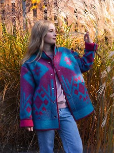 Vintage Wool Blanket Jacket, Handmade Quilted Coat, Upcycled Blue Jacket Size L, Warm Ethnic Pattern Coat - Etsy