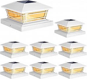 Solar Post Cap Lights Outdoor 8Pack [LED Bulb, 2 Brightness Setting] Fence Post Solar Lights Waterproof for 4x4 5x5 or 5.5x5.5 Wood Posts, Warm Bright Bulb Lighting for Garden Deck Yard White