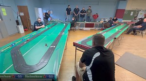 One of our 3-minute HO Qualifying races on our 128’9” Tomy AFX 4-lane Jacarepagua circuit with Tyco 440X2 F1 cars on Green and Blue and Viper Lexan Enclosed Wheel on Yellow and Red lanes. | Derby HO Racing Club