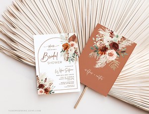 Editable Bridal Shower Invitation Template, Pampas & Floral, Printable, Boho, Arch, Palm Leaf, Rust, Burnt Orange, Terracotta, VWC71 - Etsy
