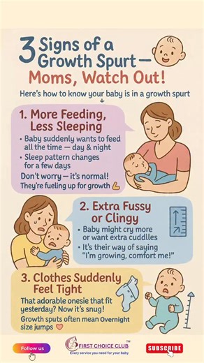 👶 3 Signs of a Growth Spurt — Moms, Watch Out! Your little one is growing faster than you think! 🌱 Here’s how to know your baby is in a growth spurt 👇 ⸻ 💖 1. More Feeding, Less Sleeping 🍼 👉 Baby suddenly wants to feed all the time — day and night 😴 Sleep pattern changes for a few days 💡 Don’t worry — it’s normal! They’re fueling up for growth 💪 ⸻ 💖 2. Extra Fussy or Clingy 😭 😢 Baby might cry more or want extra cuddles 🫶 It’s their way of saying, “I’m growing, comfort me!” 💡 Keep th