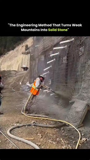 Cover Sphere on Instagram: "Engineers aren’t carving these mountains down — they’re rebuilding them layer by layer using artificial rock engineering. This technique is known as slope reinforcement with artificial rock layering. Instead of cutting into unstable mountainsides, engineers apply high-pressure concrete over steel mesh anchored deep into the slope. The concrete is sprayed in controlled layers, mimicking the thickness, texture, and load behavior of natural rock strata. Each layer bonds 