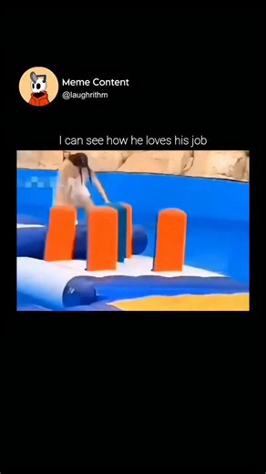 Meme Content on Instagram: "This video shows a humorous fail on an inflatable water obstacle course, set to a dramatic song. A woman in a white bathing suit attempts to cross a series of four tall, cylindrical orange and blue inflatable pillars. She struggles to maintain her balance and slides off the third pillar and falls into the water. The camera then focuses on a male employee, wearing a bright yellow vest over a shirt and shorts, who is standing waist-deep in the water by the course. The e