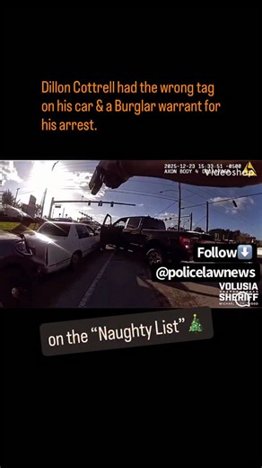 Volusia County, FL🎄 #police #crime #cops #Florida #floridaman ’s •Dillon Cottrell had the wrong tag on his car & a Burglar warrant for his arrest. •Dillon rammed a police car in an effort to escape. …he then begged to call his mommy. | Police.Law.News