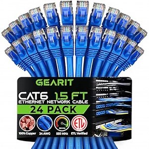 GEARit Cat 6 Ethernet Patch Cable 1.5 ft Blue (24-Pack Cat6 Ethernet Patch Cables 1.5ft), High Speed 24AWG 10Gbps RJ45 Snagless Gold-Plated, Ethernet Cable for Router, Switch, PC, PS5 Gaming, Server