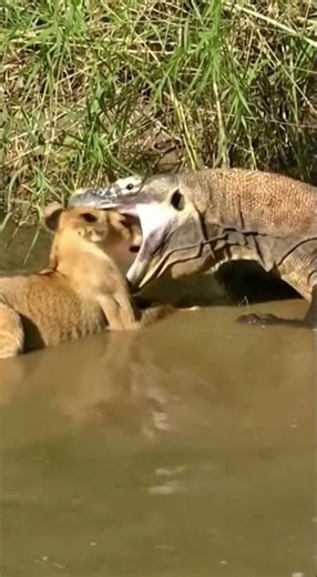 Komodo’s Surprise Attack: Lion Cub’s Pool Showdown