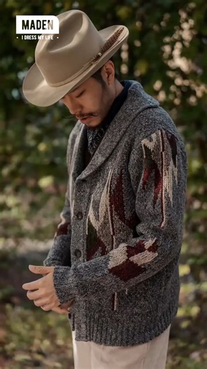 MADEN on Instagram: "Inspired by the Navajo tradition, this sweater brings classic heritage into a modern wardrobe. Crafted with tightly knit sesame stitch, it feels substantial yet comfortable for everyday wear. The symmetrical four-color geometric pattern mixes intricate checks with vibrant hues, giving a bold nod to Navajo culture. Single-button closure and a straight hem keep the silhouette clean and easy to style without worrying about fit. Pair it with jeans or chinos for a casual vintage