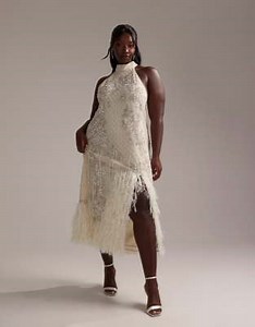 ASOS DESIGN Curve floral embellished halter maxi wedding dress with fringe hem | ASOS