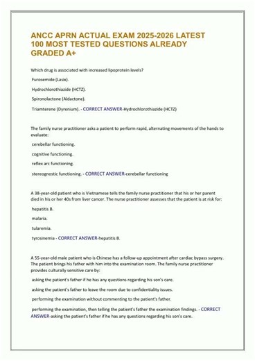 ANCC APRN ACTUAL EXAM 20252026 LATEST 100 MOST TESTED QUESTIONS ALREADY GRADED A301
