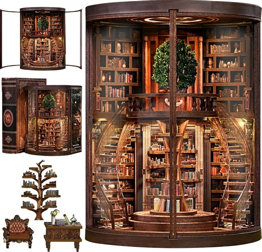 DIY Book Nook Kit with LED Light, Miniature Dollhouse 3D Wooden Puzzle, Bookshelf Insert Decor Craft Gift(Wisdom Rings Bookstore)