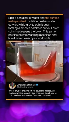 Spin a container of water and the surface reshapes itself. Rotation pushes water outward