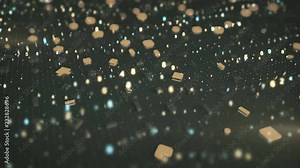Abstract geometric shapes and big data. Random glowing symbols and flowing numbers. Science fiction concept. Seamless loop dolly shot animation. 3D render with DOF 4k UHD 3840x2160
