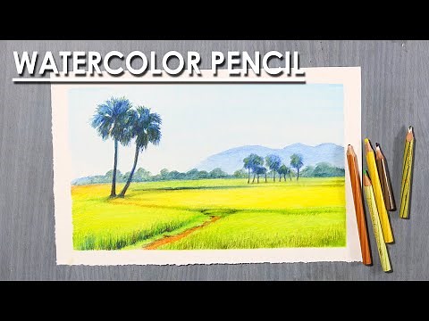 Watercolor Pencil Landscape Drawing : Paddy Field | step by step