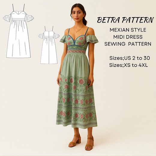 Mexican Style Midi Dress Sewing Pattern: Gathered Dress (digital Download) - Etsy