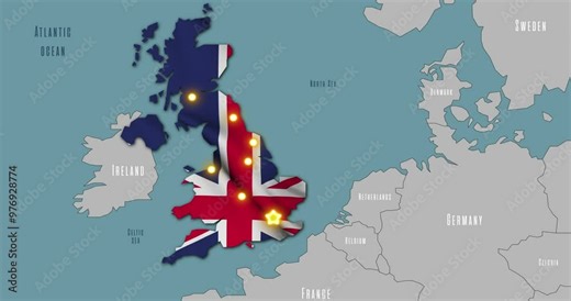 Map of United Kingdom in the colors of national flag. The capital and major cities are marked.