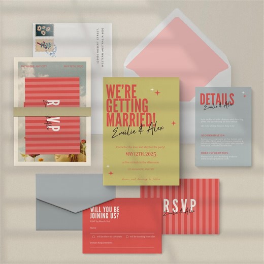 Bold Colorful Wedding Invitation Template, Elegant Retro Wedding Invite, Vintage New, Pink Blue Green Pastel Colors, Canva Digital Downloads - Etsy