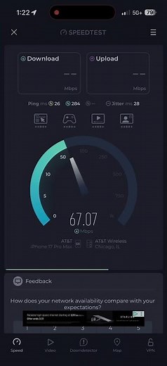 AT&T 5g+ n77 80mhz @ Lincoln & Foster Ave in Chicago Budlong Woods Ookla Speedtest