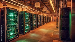 mining farm with Bitcoin machines to tirelessly solve complex mathematical problems, contributing to the decentralized network and earning valuable Bitcoin rewards. AI-Generated.