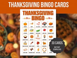 Thanksgiving Bingo Cards Printable 30 Unique Cads Fall Party Game for Kids and Adults Classroom Activity Instant Download - Etsy