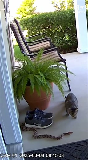 Cat Confronts Venomous Snake at Front Door | Real CCTV Guardian Moment 🐈⬛🐍 #Shorts