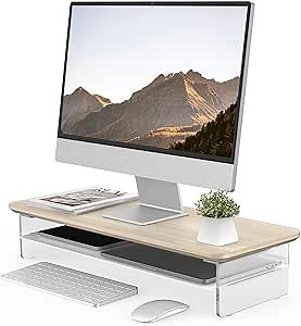 Fenge Acrylic Monitor Stand Riser, 23.6 Inches Monitor Stand with Metal Storage, 2 Tier Acrylic Computer Riser for Desk, Clear Laptop Stand for PC, Laptop, Printer, TV