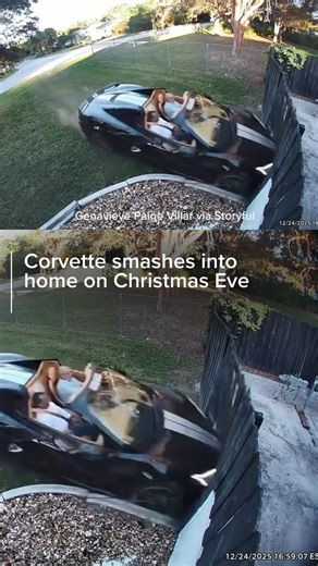 ABC 7 Chicago on Instagram: "While most of us were waiting to hear reindeer hoofs on the roof, one Florida family heard something very different this Christmas Eve: a Corvette smashing into their yard. Ring camera footage provided to Storyful by Genavieve Paige Villar shows the shocking moment the convertible zoomed across her lawn and through the garden fence. The car then hit a boat in the yard, and the side wall of the house, WPLG Local 10 said. “My kids were playing outside with chalk on the