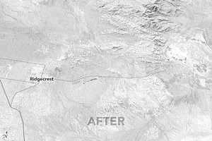 Measuring Movement from the Ridgecrest Quake The ground beneath Southern California moved furiously in early July 2019 due to two large earthquakes, one of which was the strongest in the region in at least two decades. Remote sensing scientists are getting better at measuring such events and showing how they disrupt and move the land surface. At 10:33 a.m. Pacific Daylight Time (PDT) on July 4, 2019, an earthquake struck northeast of Ridgecrest, California, which is north of Los Angeles and nort