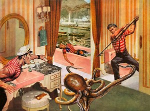 Fighting he-men from 1950s men's magazine covers collaged into dainty homes from 1950s women's magazines