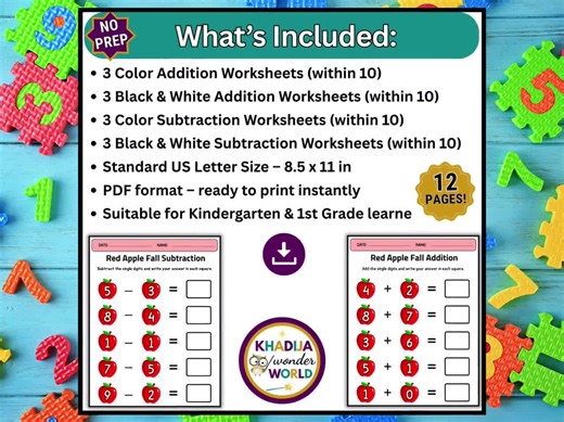 Fall Apple Math Worksheets, Addition and Subtraction Within 10 (PDF Pattern) - Etsy