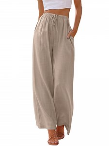 TEMOFON Pants for Women Wide Leg Linen Pant Summer Casual Palazzo Khaki Flowy Pants with Pocket Drawstring Loose Lightweight Pants L