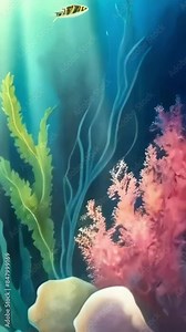 A sea background with tropical fish and coral reefs