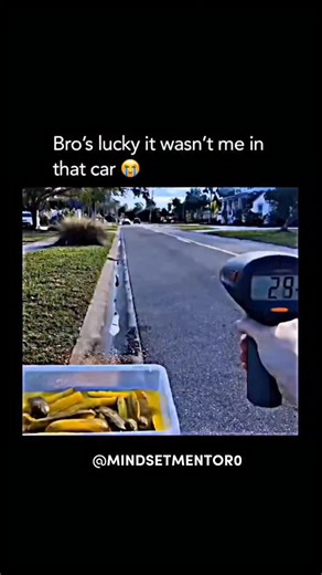 MINDSETMENTOR on Instagram: "One lucky guy 💀 This is a classic example of “vigilante comedy” content that frequently goes viral on platforms like TikTok and Instagram. In the video, a man is seen standing on a residential sidewalk using a radar gun to track the speed of oncoming traffic. He claims to be in a 15 mph school zone and becomes visibly agitated when he clocks a red Ford Mustang traveling significantly over the limit. As the car passes, the creator launches a massive container of pick