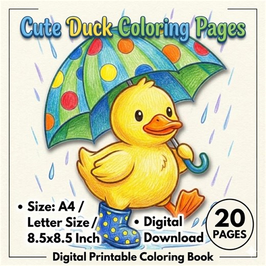 Cute Duck Coloring Pages for Kids, Rainy Day Farm Animals Coloring Book, Kawaii Duckling Printable, Spring Animal Coloring Pages - Etsy